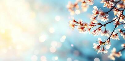 Delicate cherry blossoms bloom in the spring, showcasing soft pink petals against a gentle background of blue and light. photo