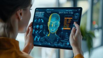 A user engages with a digital therapy app on a tablet, showcasing features for mindfulness and mental health support in a contemporary office environment with natural light. photo