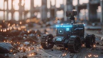 A robotic exploration unit is traversing a desolate, ruined environment with scattered debris and glowing particles, creating a captivating scene during sunset hours. photo