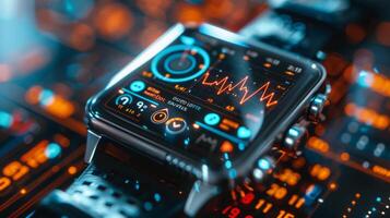 A smartwatch displays a digital therapy application designed for mindfulness and mental health, showcasing vibrant graphics and data metrics in a tech inspired setting. photo