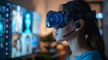 A person engages with virtual reality technology to access digital therapy resources, focusing on mindfulness and mental health, while connected to a remote telemedicine practitioner. photo