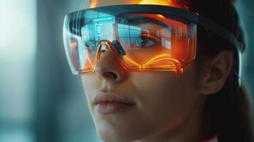 A person wearing high tech augmented reality glasses engages in a mindfulness exercise. The glasses display interactive mental health resources aimed at enhancing well being. photo