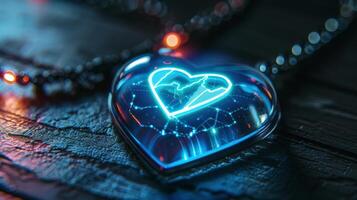 A heart shaped digital device glows with blue light, representing technology in mental health. It features a network design, reflecting mindfulness and telemedicine advancements. photo