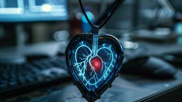 A device designed for mental health therapy displays a glowing heart within a detailed vascular illustration, symbolizing the connection between mindfulness and health technology. photo