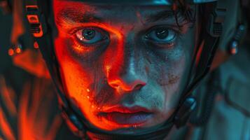 A soldier stares intensely with sweat on his face, illuminated by red and orange lights while participating in night operations, conveying focus and determination. photo