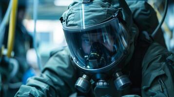 A soldier in a gas mask and protective suit is focused on a task during a simulated emergency response drill inside a secure facility. The atmosphere emphasizes urgency and professionalism. photo