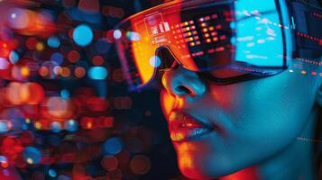 A person is engaged with digital therapy tools that blend vibrant lights and advanced visuals, focusing on mindfulness and mental health within a lively environment. photo