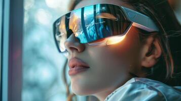 A person engages with a futuristic device that enhances mental health experiences. The innovative technology promotes mindfulness and supports telemedicine practices for better well being. photo
