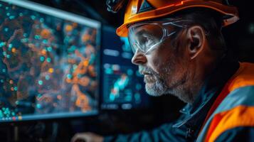 A skilled miner is focused on analyzing digital maps displayed on multiple screens in a dark control room, utilizing modern technology to aid underground exploration. photo
