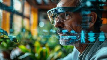 A person with glasses engages with digital therapy applications focused on mindfulness and mental health while surrounded by greenery in a contemporary workspace. photo