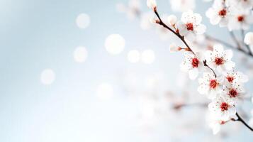 Cherry blossom branches are adorned with delicate white flowers, showcasing their beauty against a softly blurred blue background. This vibrant display symbolizes the arrival of spring and renewal. photo