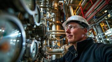 An engineer inspects precise instruments in an industrial plant, focusing on equipment monitoring while wearing safety gear. Bright colors from the machinery enhance the atmosphere of productivity. photo