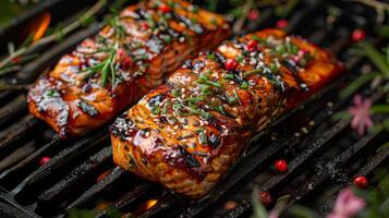 Two salmon fillets are beautifully grilled, showcasing a glossy glaze and rich colors, infused with fresh herbs and spices while grilling over a charcoal fire during a warm summer evening. photo
