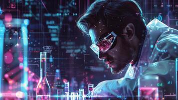 A focused scientist in protective eyewear examines samples in a modern laboratory, surrounded by glowing data visualizations and lab equipment during an advanced research session. photo