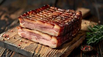 Crispy bacon strips stacked neatly on a weathered wooden board, showcasing their rich texture and flavor. Surrounding the bacon are assorted spices and fresh herbs. photo