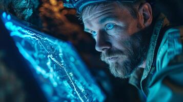 A man with a beard and bright blue eyes studies a glowing digital map as he explores a cave, highlighting his focus and the ambient light of the surroundings during the expedition. photo