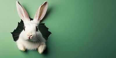 A cute white bunny with long ears is playfully emerging from a hole in a vibrant green background. Its inquisitive expression captures the joy of Easter celebrations and springtime. photo