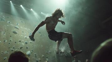 A bouldering athlete leaps high into the air, creating a splash in a shallow pool of water, captivating the audience in a lively indoor climbing competition event. photo