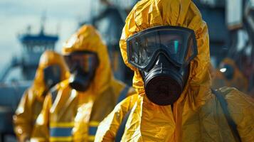 Group of workers in yellow protective gear ready to handle dangerous materials at a coastal location under clear skies with visible industrial structures nearby photo