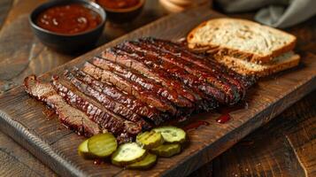 Tender slices of brisket are presented on a wooden board, accompanied by pickles and slices of bread, creating an inviting meal that showcases rich flavors and textures. photo