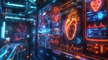 A futuristic digital interface shows heart health data and mindfulness metrics. The vibrant colors create an engaging atmosphere for mental health treatment using telemedicine technology. photo