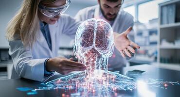 Interns engage in a hands-on training session focused on medical technology. They manipulate a holographic model representing complex human anatomy in a modern lab setting. photo