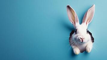 A cheerful bunny with long ears playfully peeks through a torn section of a bright blue wall. This playful sight adds to the joyful vibe of the Easter celebration, inviting delight and surprise. photo