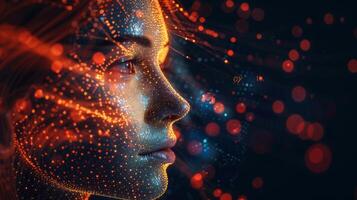 A close up of a person focusing on mindfulness and mental health, illuminated by vibrant digital patterns symbolizing therapeutic digital applications in a serene environment. photo