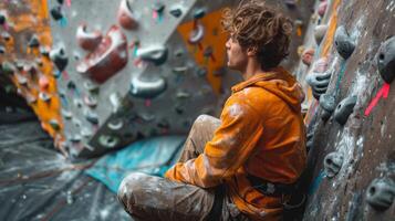 Climber in an orange hoodie sits on the floor of a bouldering gym, covered in chalk dust, reflecting after climbing challenging routes on colorful walls. photo