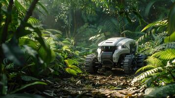 A small robotic vehicle navigates through a vibrant jungle, surrounded by thick greenery and illuminated by soft sunlight. The atmosphere is serene and peaceful. photo