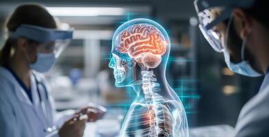 Interns actively study human anatomy, focusing on brain structure and function. They utilize advanced technology to enhance their understanding of medical concepts in a training environment. photo