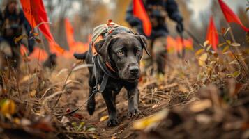 A trained dog walks confidently along a dirt path in a forest, setting while trainers in the background clad in outdoor gear engage in a coordinated activity with bright orange flags. photo