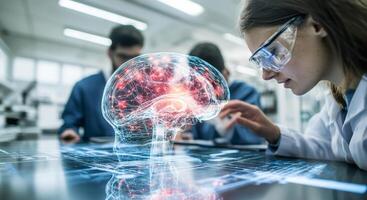 Interns engage in hands-on training with cutting-edge technology focused on brain science. They analyze digital brain models, enhancing their understanding of neurology in a modern laboratory. photo