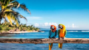 Two vibrant macaws sit close together on a wooden perch near the ocean. Lush tropical surroundings and a clear blue sky setting create a perfect vacation atmosphere by the sea. photo