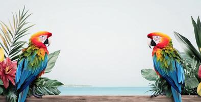 Two vibrant macaws sit on a wooden railing overlooking the serene tropical ocean. Lush green leaves and colorful flowers frame the scene, creating a perfect vacation setting. photo