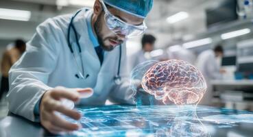 Interns in a cutting-edge medical laboratory analyze virtual brain models using advanced technology. Their aim is to deepen their understanding of neuroscience and medical practices. photo