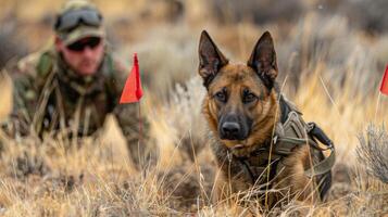 A trained military dog is focused and alert while wearing a tactical vest. Its handler is nearby, engaged in detection training among tall grass and small flags, showcasing teamwork. photo