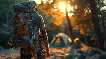 A person with a large backpack walks on a rocky path towards a campsite, where a tent is set up amid lush trees during a beautiful sunset. photo
