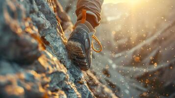 A climber makes their way up a rugged rock face during golden hour, with particles of dust illuminated by the sunlight and a stunning natural backdrop enhancing the adventure. photo
