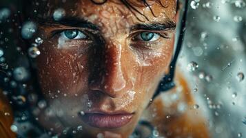 A young man with bright blue eyes is submerged in water, droplets glistening on his skin, expressing a mix of vulnerability and strength during an intense moment photo