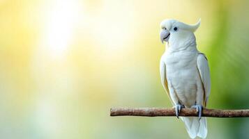 A vibrant macaw rests on a branch amidst lush tropical scenery. The bright colors of the bird contrast beautifully with the soft, warm background, creating an ideal vacation atmosphere. photo