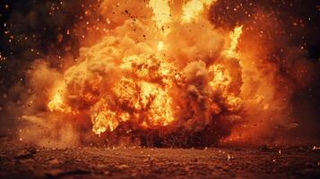 A massive explosion generates a huge fireball filled with bright flames and flying debris in a controlled training environment, showcasing the intensity of a simulated detonation during the daytime. photo