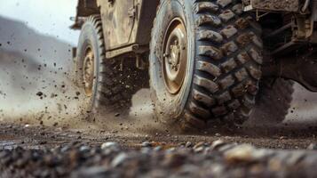 An off road vehicle powers through a rocky, dusty landscape with large tires spinning, sending debris flying in the air. This rugged activity happens under clear skies. photo