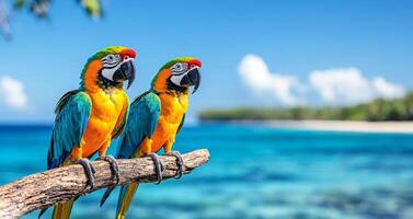 Two colorful macaws sit on a branch overlooking a serene tropical ocean. photo