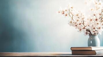 Delicate cherry blossoms are arranged in a simple vase, adding a touch of spring beauty. Stacked books sit nearby on a wooden surface, creating a peaceful and inviting setting. photo