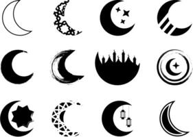 Crescent moon icon collection features varied crescent designs with stars, decorative patterns in black. Perfect moon set for Ramadan and islamic theme vector