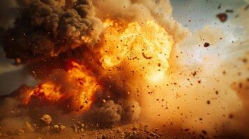 A powerful explosion rocks the area, sending flames and debris into the air. The intense fireball lights up the surroundings against a darkening sky, creating a striking contrast. photo