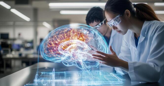 Two interns in white lab coats focus on a holographic brain display, engaging with advanced medical technology. This setting highlights their dedication to studying neuroscience and innovation. photo