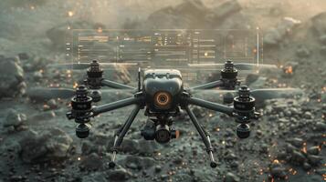 A drone hovers above a rugged landscape, showcasing its advanced capabilities through a transparent digital interface filled with real time data analytics and visual information. photo