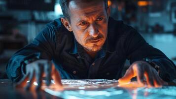 Focused man studies a glowing map on a surface, surrounded by a darkened environment filled with technology and details that suggest intense problem solving or exploration. photo